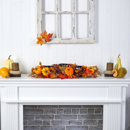 36" Maple Leaves, Pumpkin & Berries Fall Harvest Candelabrum Arrangement